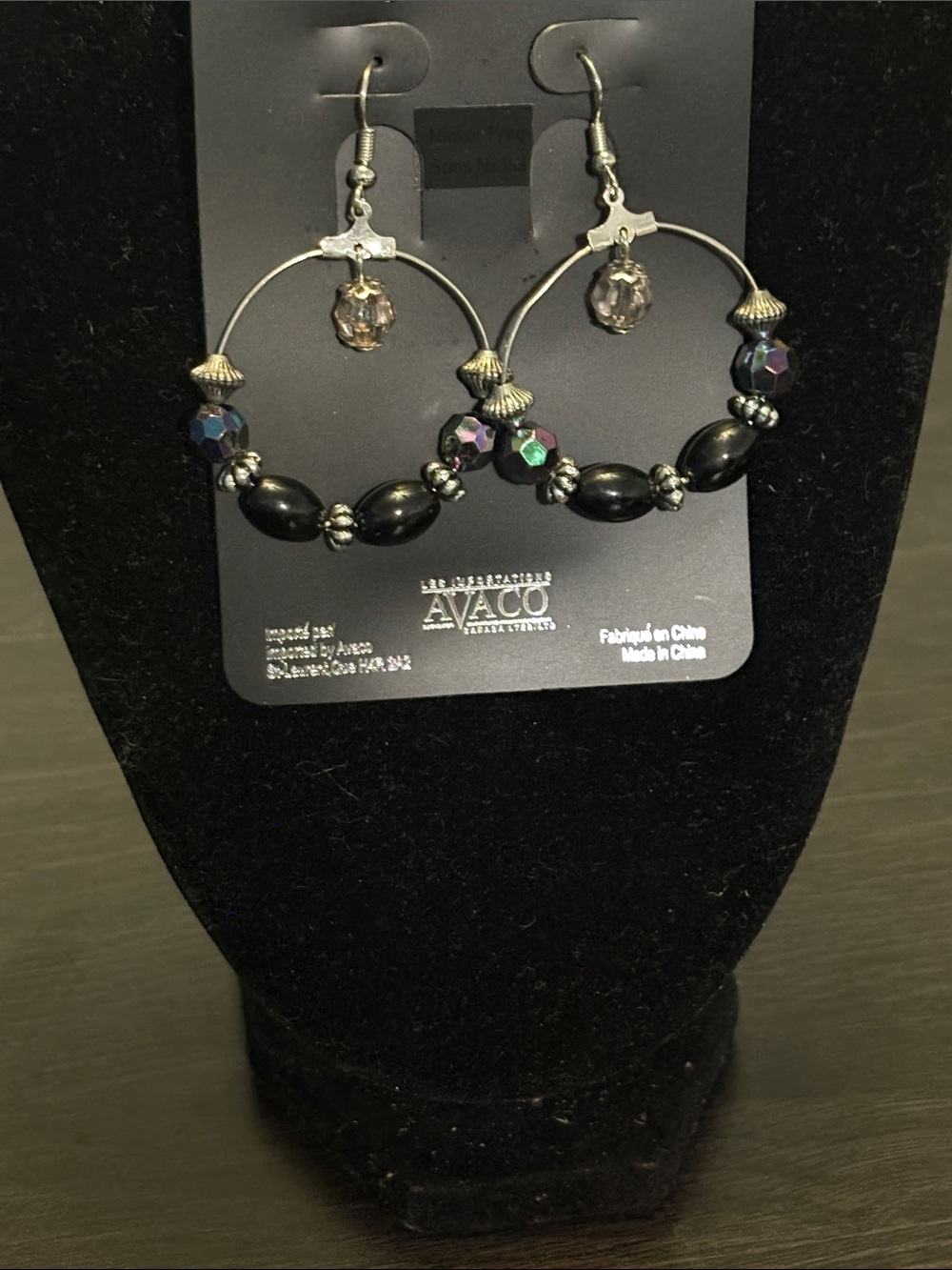 Black Bead Hoop Earrings with Iridescent dangle